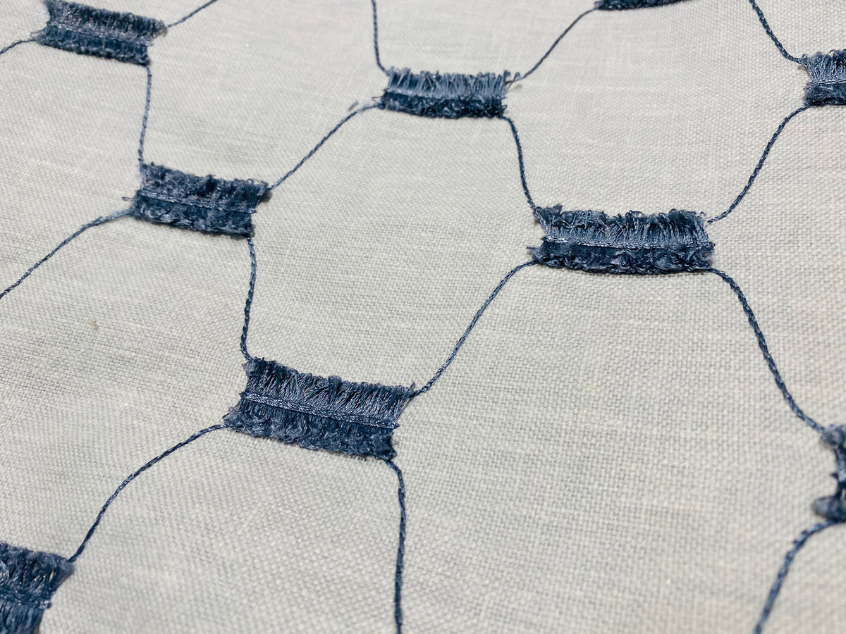 NEW! SALE! Prince Juniper Novelty 100% Linen Fabric Geometric Tassle Embroidery- Natural and Blue - Fancy Styles Fabric Pierre Frey Lee Jofa Brunschwig & Fils