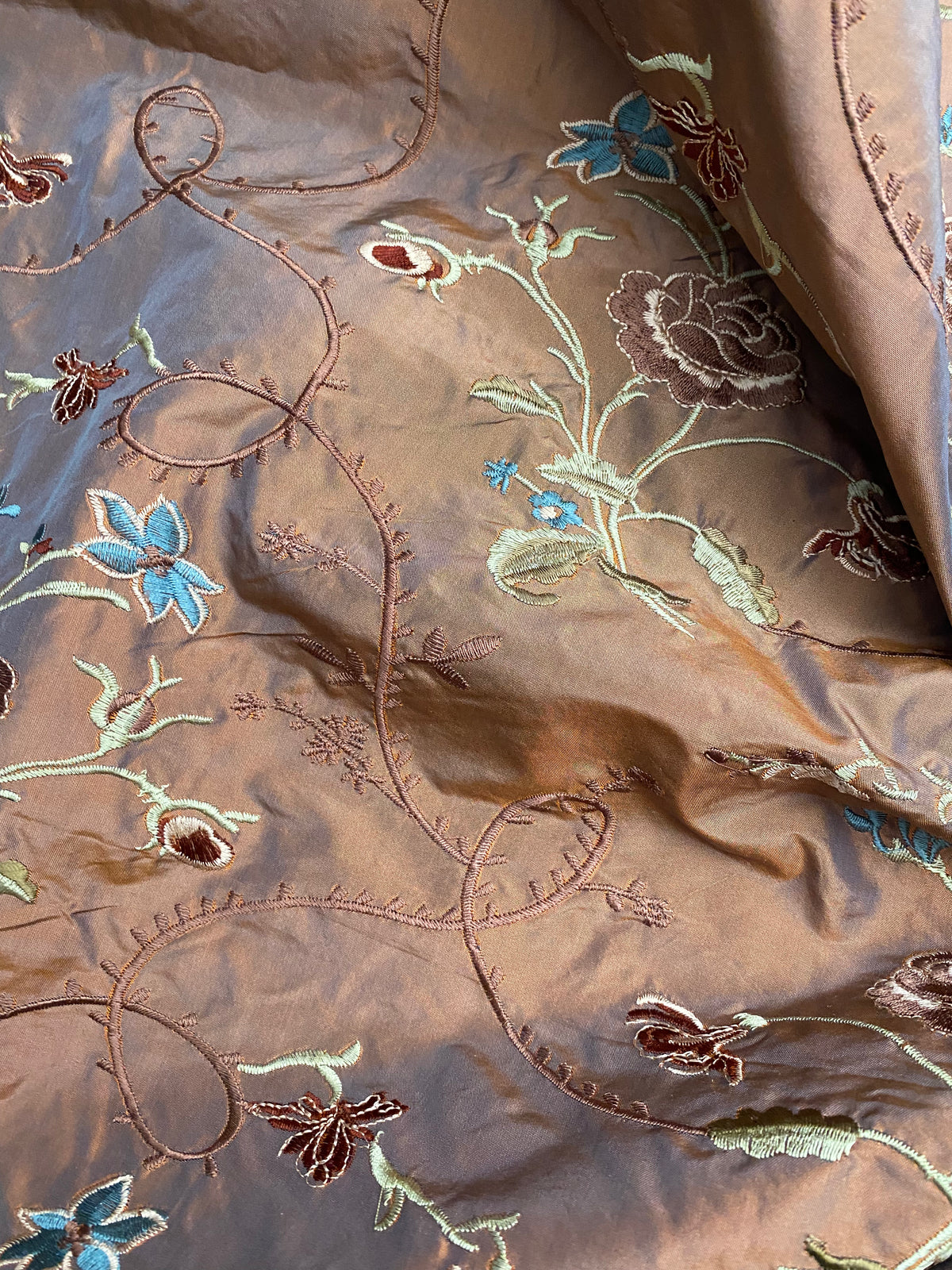 Fat Quarter: Queen Dragonia Novelty 100% Silk Dupioni Embroidered Floral Fabric - Copper Blue Iridescence - Fancy Styles Fabric Pierre Frey Lee Jofa Brunschwig & Fils