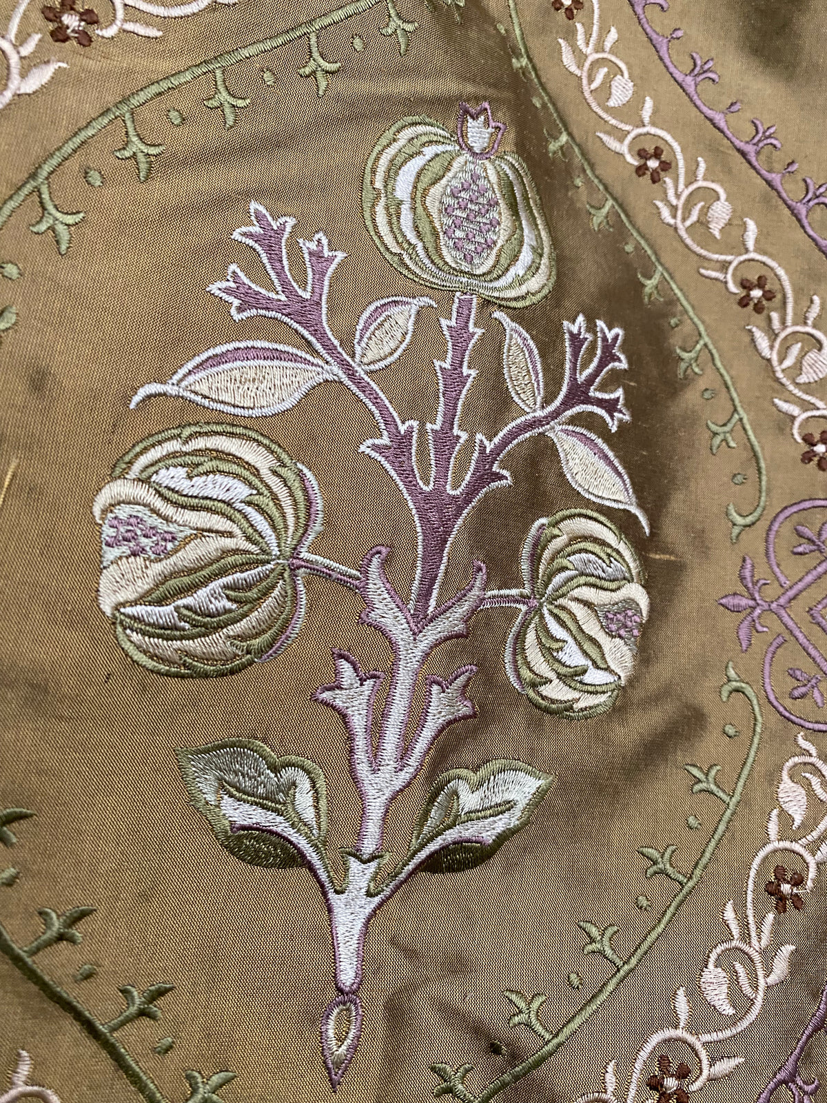 NEW! Queen Riviera Novelty 100% Silk Dupioni Embroidered Floral Fabric - Old Gold with Lavender Embroidery - Fancy Styles Fabric Pierre Frey Lee Jofa Brunschwig & Fils