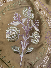 NEW! Queen Riviera Novelty 100% Silk Dupioni Embroidered Floral Fabric - Old Gold with Lavender Embroidery - Fancy Styles Fabric Pierre Frey Lee Jofa Brunschwig & Fils
