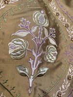 NEW! Queen Riviera Novelty 100% Silk Dupioni Embroidered Floral Fabric - Old Gold with Lavender Embroidery