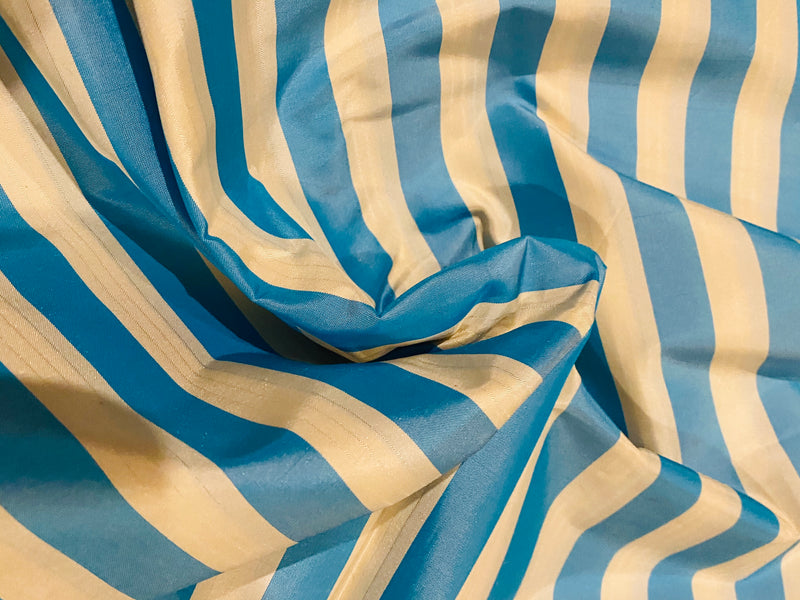 NEW! Princess Petra 100% Silk Taffeta 1/2” Striped Fabric - Turquoise and Ivory Iridescence