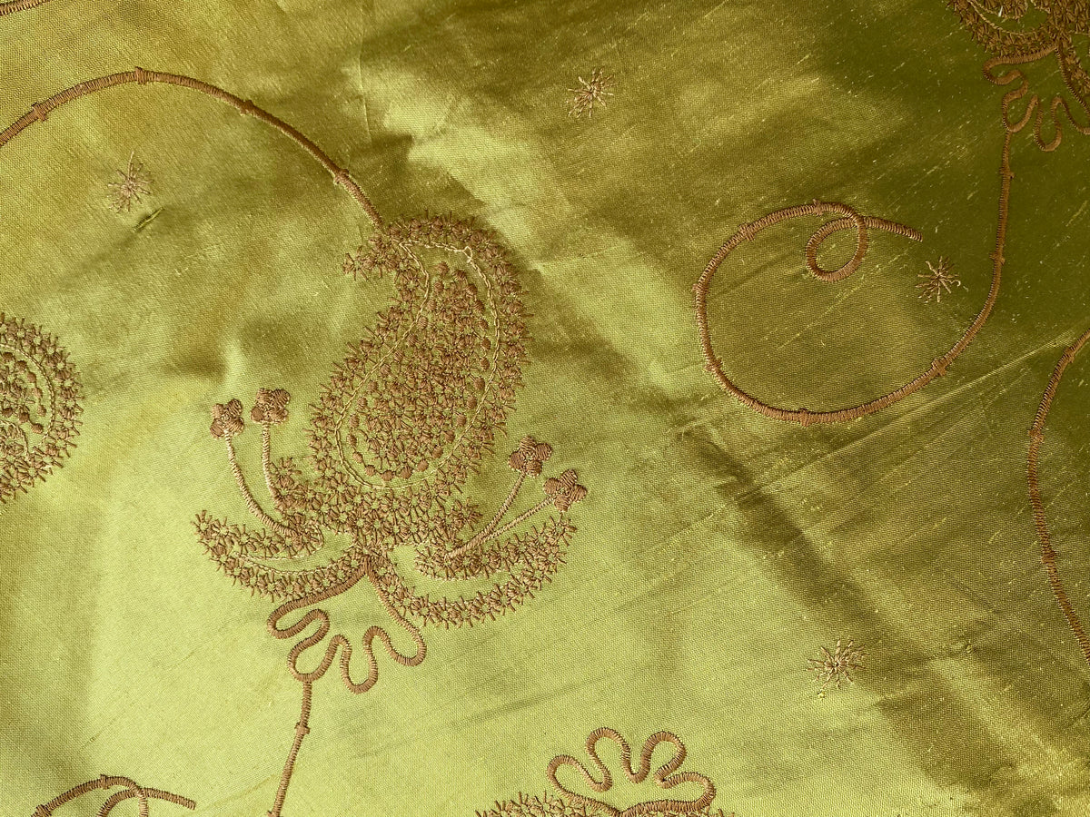 NEW Duchess Daria 100% Silk Dupioni Embroidered Floral Fabric- Chartreuse Green Gold with Copper Flowers - Fancy Styles Fabric Pierre Frey Lee Jofa Brunschwig & Fils