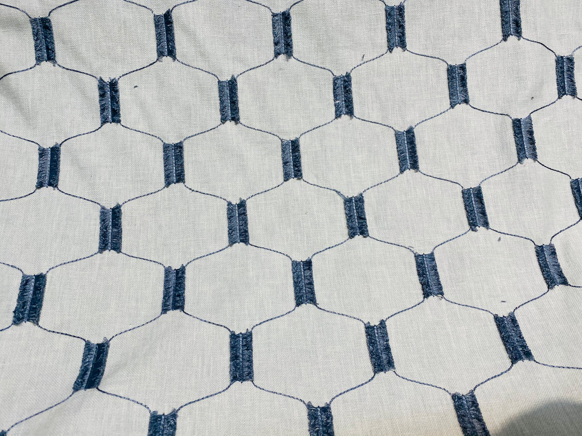 NEW! SALE! Prince Juniper Novelty 100% Linen Fabric Geometric Tassle Embroidery- Natural and Blue - Fancy Styles Fabric Pierre Frey Lee Jofa Brunschwig & Fils