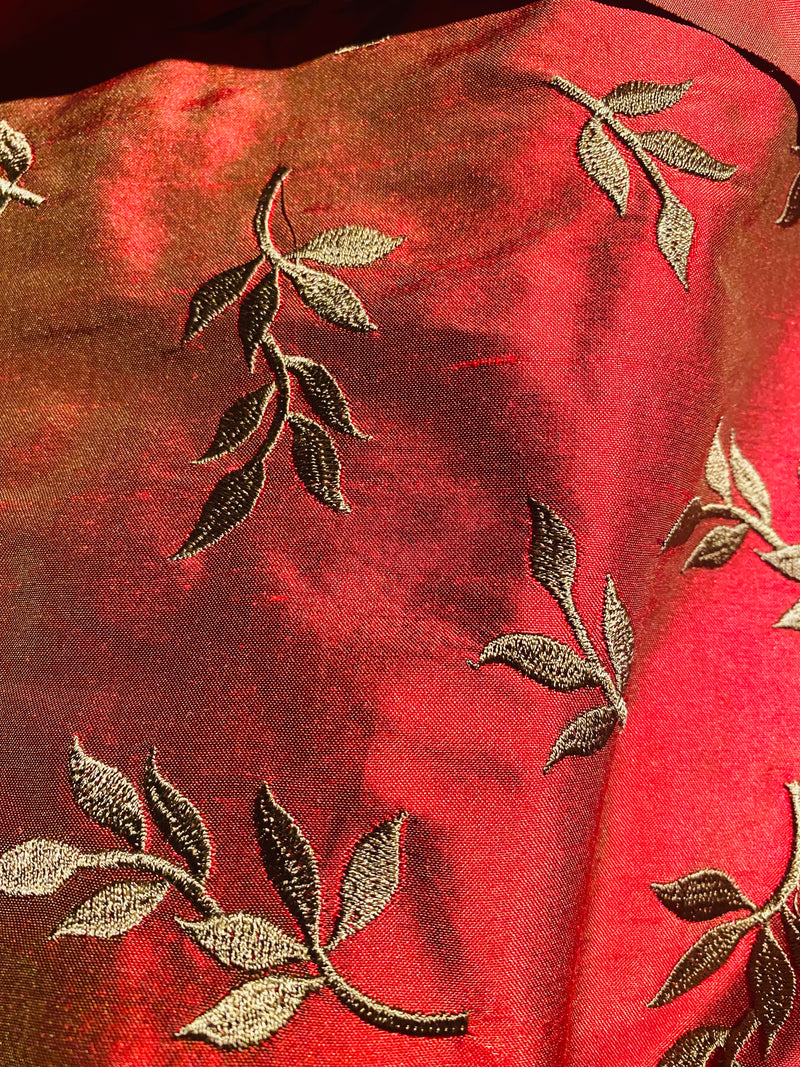 NEW! Queen Tina Novelty 100% Silk Dupioni Embroidered Floral Fabric - Red and Gold