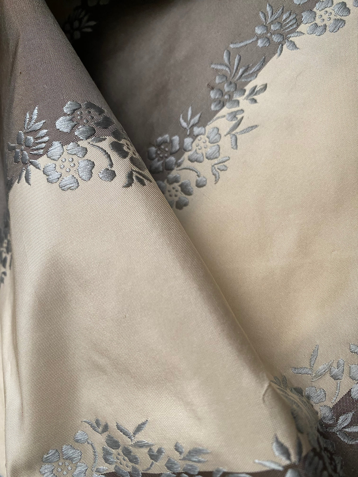 NEW Lady Kristen Designer 100% Silk Taffeta Embroidered Stripe Floral Fabric- Ice Blue & Warm Grey - Fancy Styles Fabric Pierre Frey Lee Jofa Brunschwig & Fils