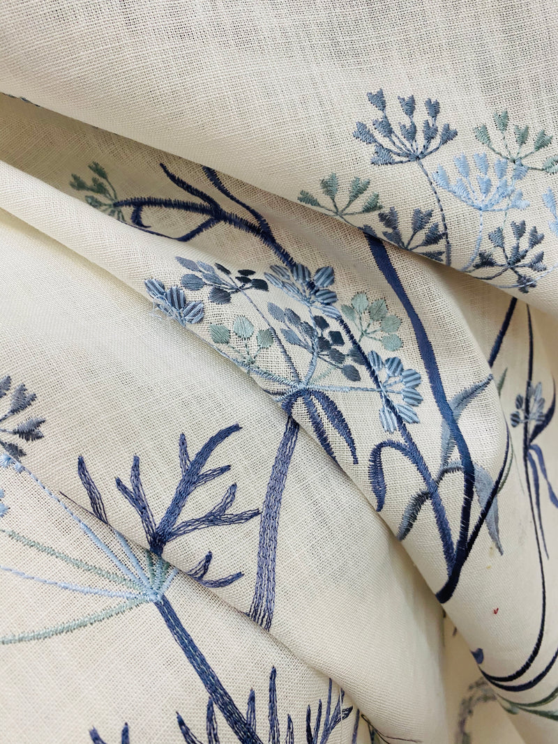 NEW! SALE! Queen Mandarina Novelty 100% Linen Fabric Floral Embroidery- Natural and Blue