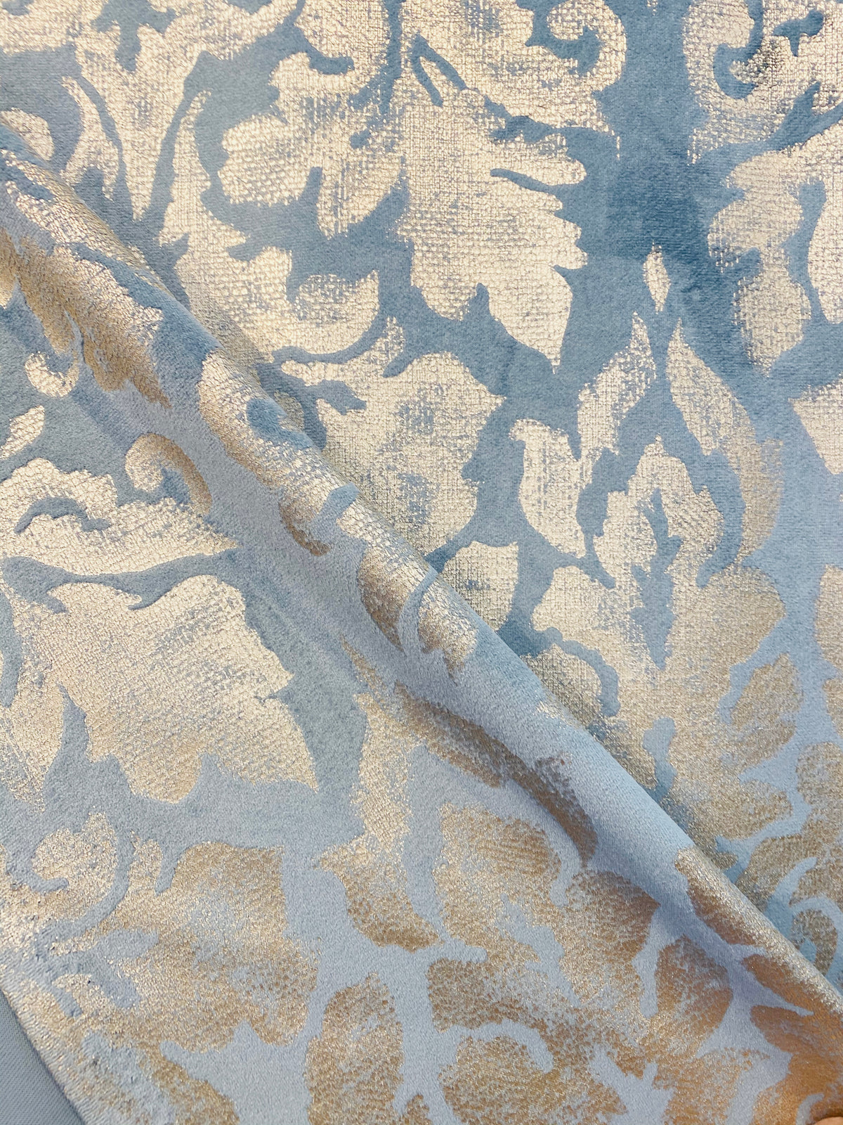 NEW! Lady Calentine Designer Burnout Antique Inspired Velvet Fabric Light Blue And Gold - Fancy Styles Fabric Pierre Frey Lee Jofa Brunschwig & Fils