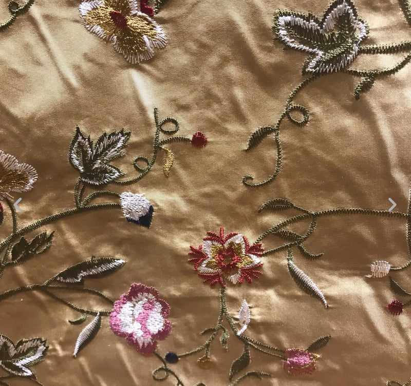 NEW! BACK IN STOCK! SALE! Lady Melody Designer 100% Silk Taffeta Embroidered Floral Fabric - Gold GFSAY0002 - Fancy Styles Fabric Pierre Frey Lee Jofa Brunschwig & Fils