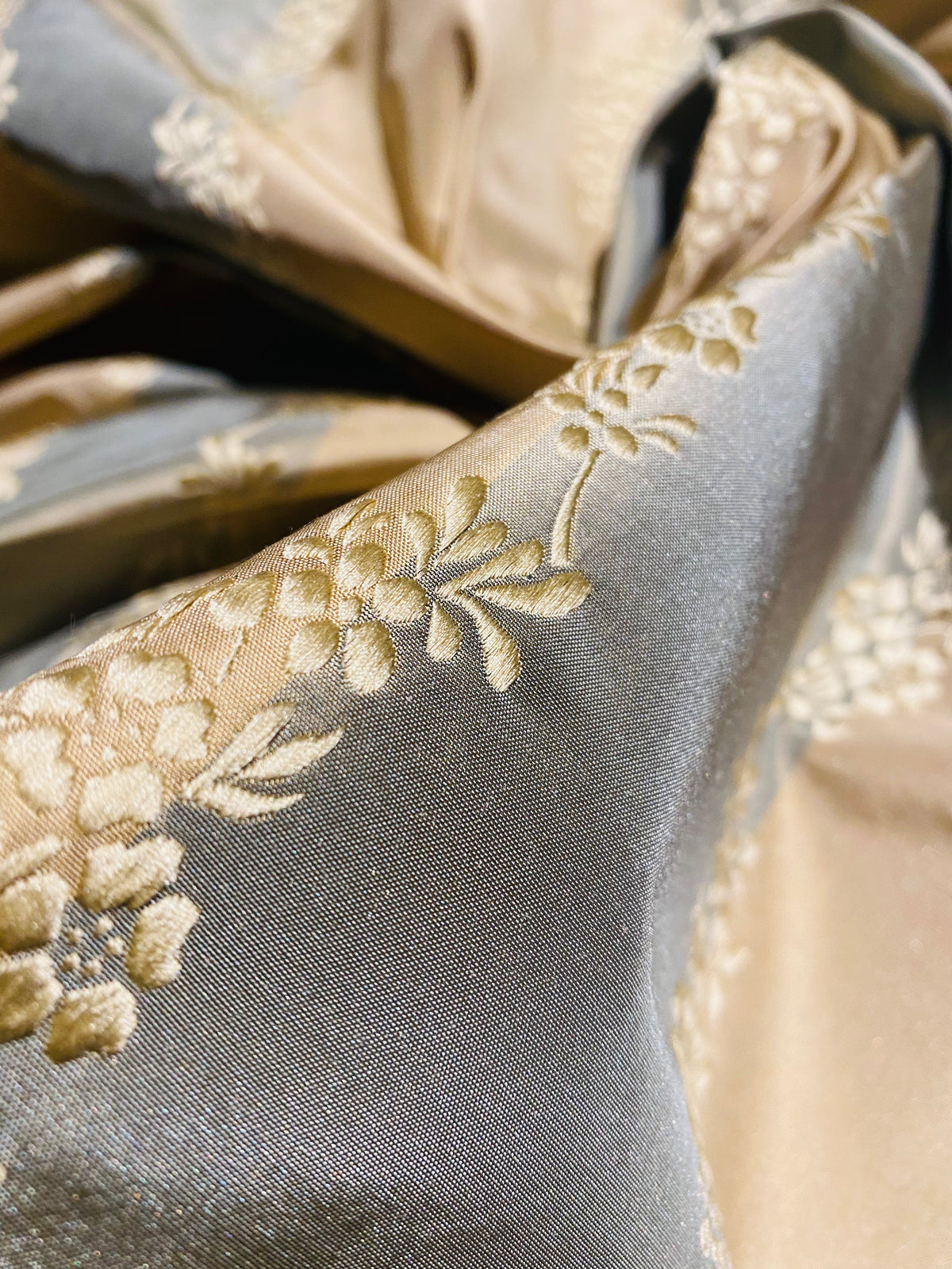 NEW Lady Kristen Designer 100% Silk Taffeta Embroidered Stripe Floral Fabric- Blue & Cream - Fancy Styles Fabric Pierre Frey Lee Jofa Brunschwig & Fils