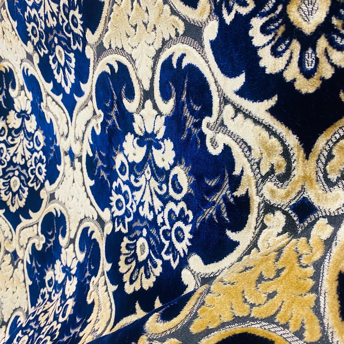 NEW Sir Scott Designer Italian Burnout Medallion Chenille Velvet Fabric Jewel Blue and Beige Yellow- Upholstery - Fancy Styles Fabric Pierre Frey Lee Jofa Brunschwig & Fils