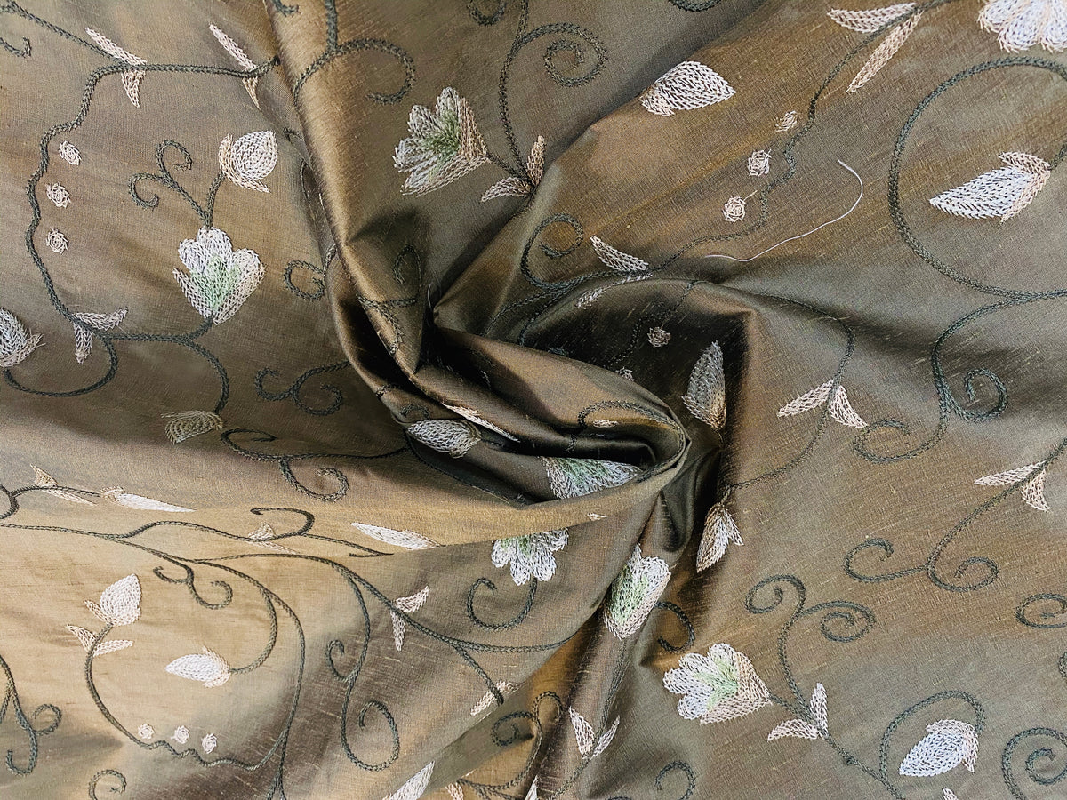NEW Lady Tremaine Designer 100% Silk Dupioni Embroidered Fabric - Old Gold - Fancy Styles Fabric Pierre Frey Lee Jofa Brunschwig & Fils