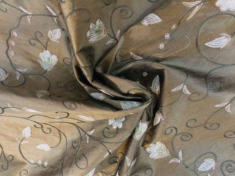 NEW Lady Tremaine Designer 100% Silk Dupioni Embroidered Fabric - Old Gold