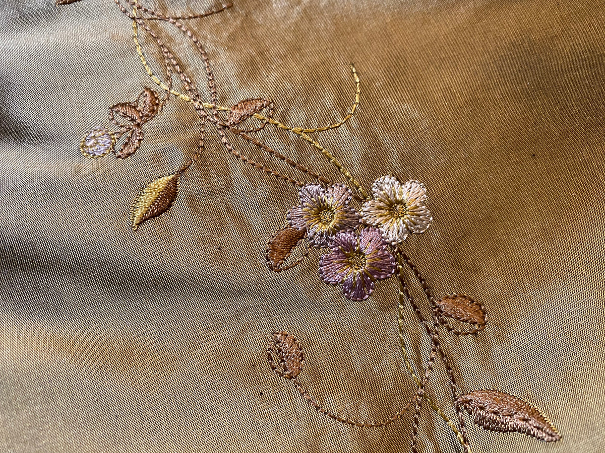 NEW! Duchess Rowena 100% Silk Dupioni Embroidery Floral Fabric- Old Gold - Fancy Styles Fabric Pierre Frey Lee Jofa Brunschwig & Fils