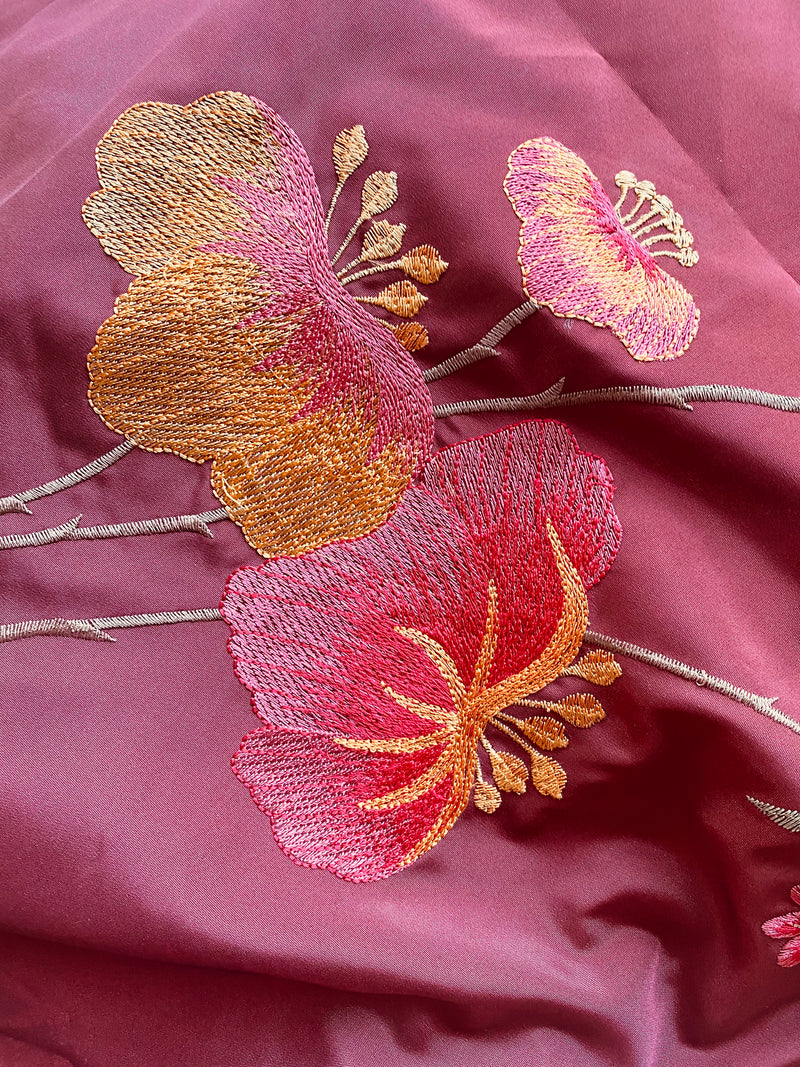 NEW! Designer Faux Silk Taffeta Embroidered Floral Fabric- Terra Cotta Burnt Red
