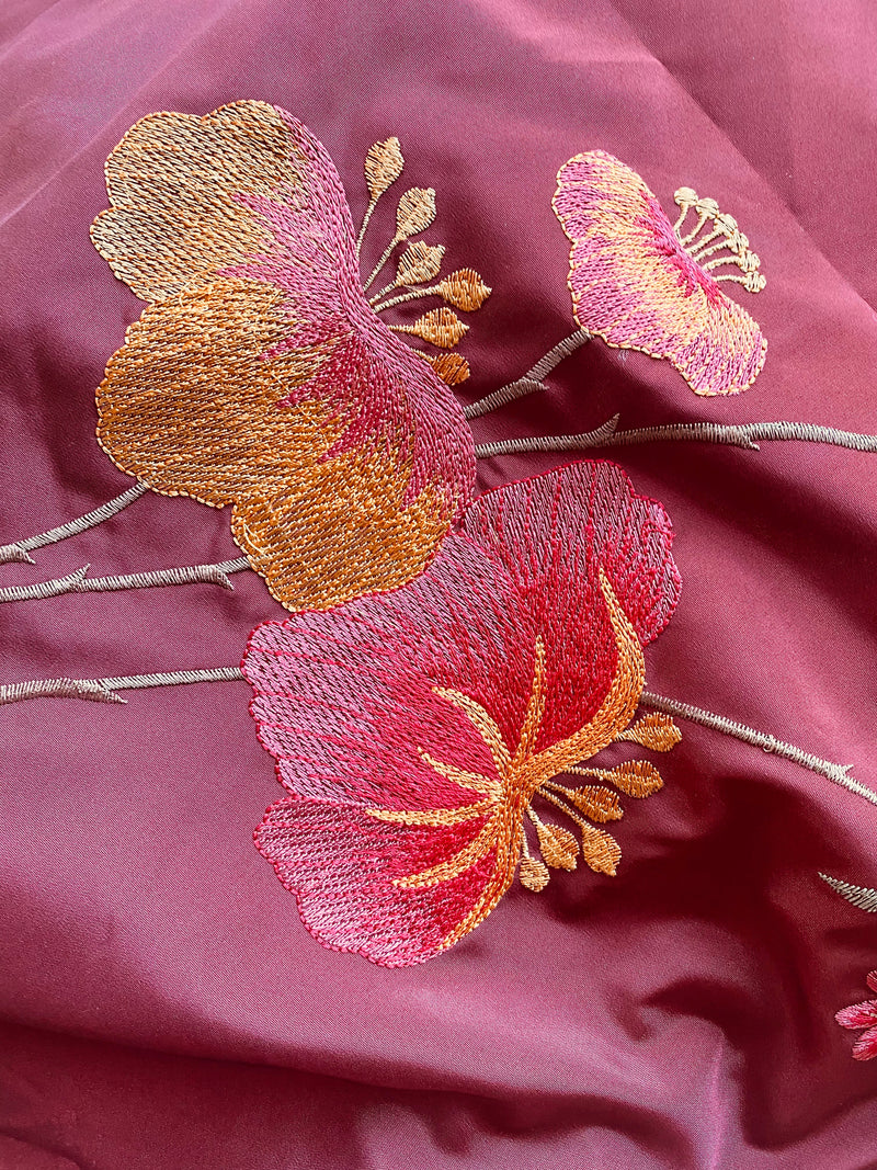 Live Deal: Designer Faux Silk Taffeta Embroidered Floral Fabric- Terra Cotta Burnt Red