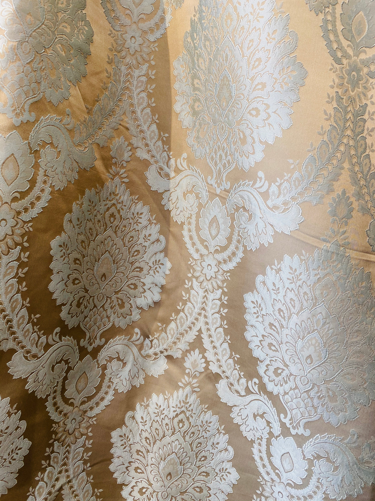NEW! Prince Prescott Brocade Medallion Satin Fabric- Gold and White - Fancy Styles Fabric Pierre Frey Lee Jofa Brunschwig & Fils