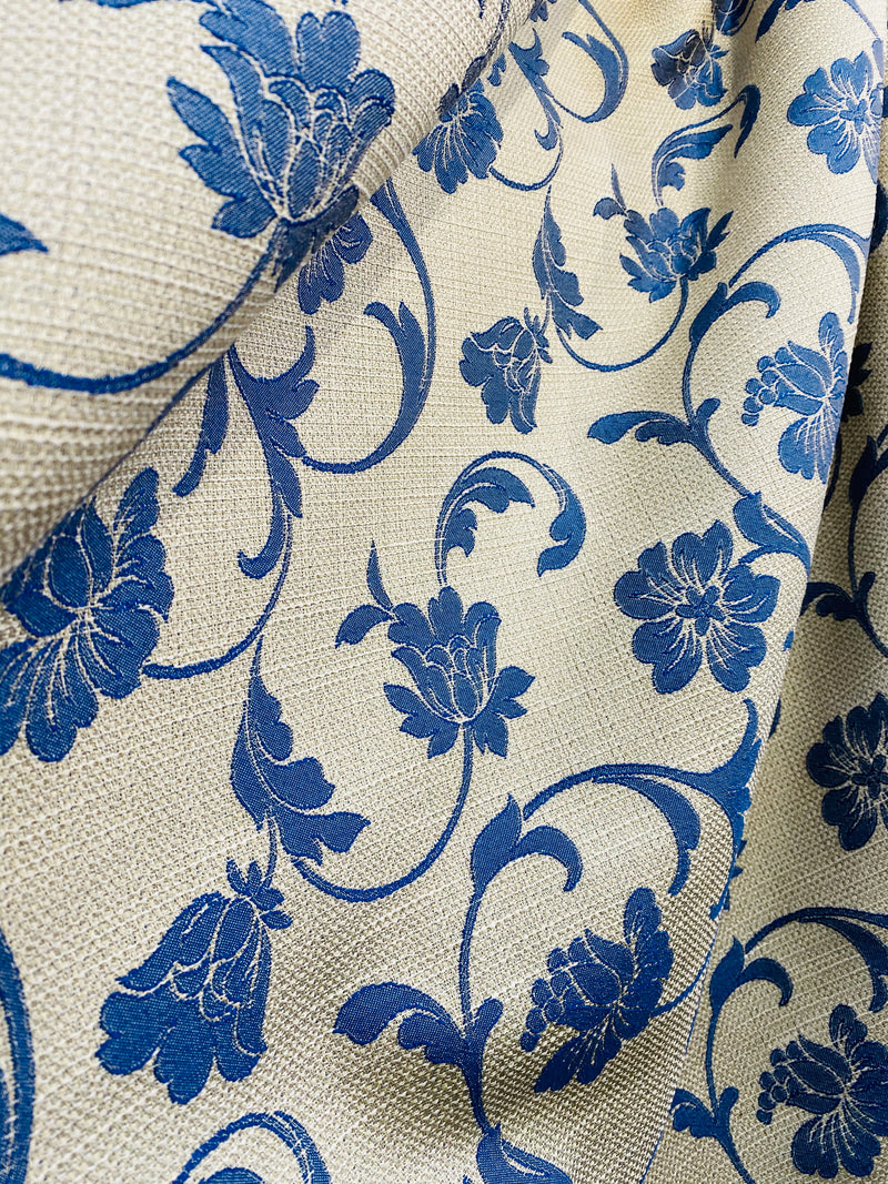 NEW! Lady Madoline Linen Inspired Woven Fabric French Blue Flowers On Natural