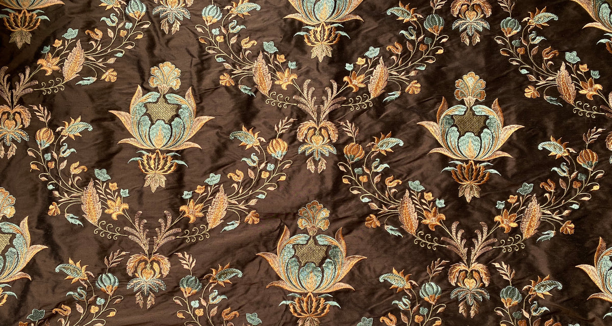 NEW! Lady Jacqueline Novelty 100% Silk Dupioni Embroidered Fabric - Made in India- Brown, Blue, Peach - Fancy Styles Fabric Pierre Frey Lee Jofa Brunschwig & Fils