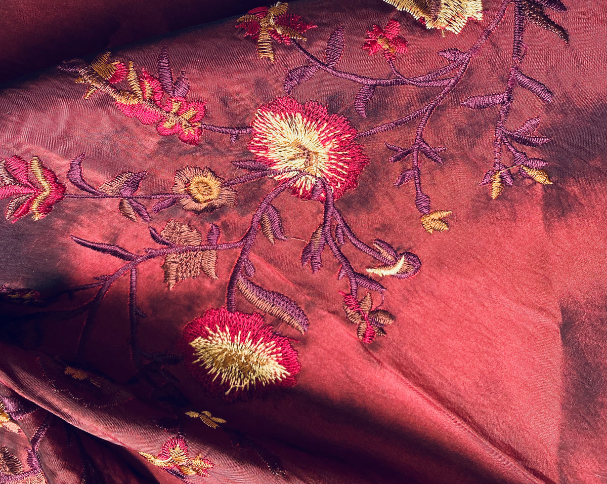 NEW! Duchess Aurora Red with Black Iridescence Faux Silk Embroidered Fabric - Fancy Styles Fabric Pierre Frey Lee Jofa Brunschwig & Fils