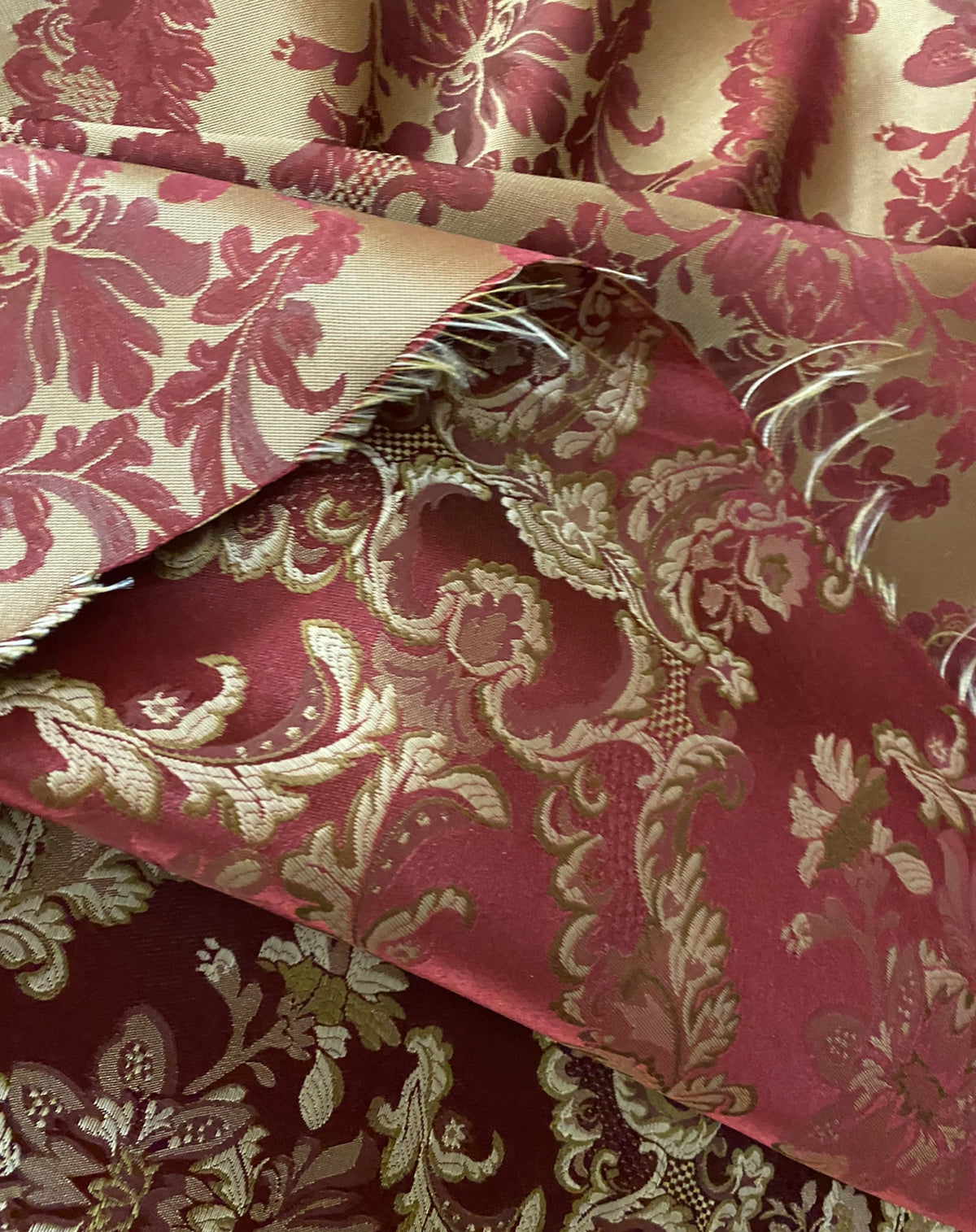 NEW Prince Lucas Designer Brocade Satin Damask Fabric- Red & Gold- Upholstery & Drapery - Fancy Styles Fabric Pierre Frey Lee Jofa Brunschwig & Fils