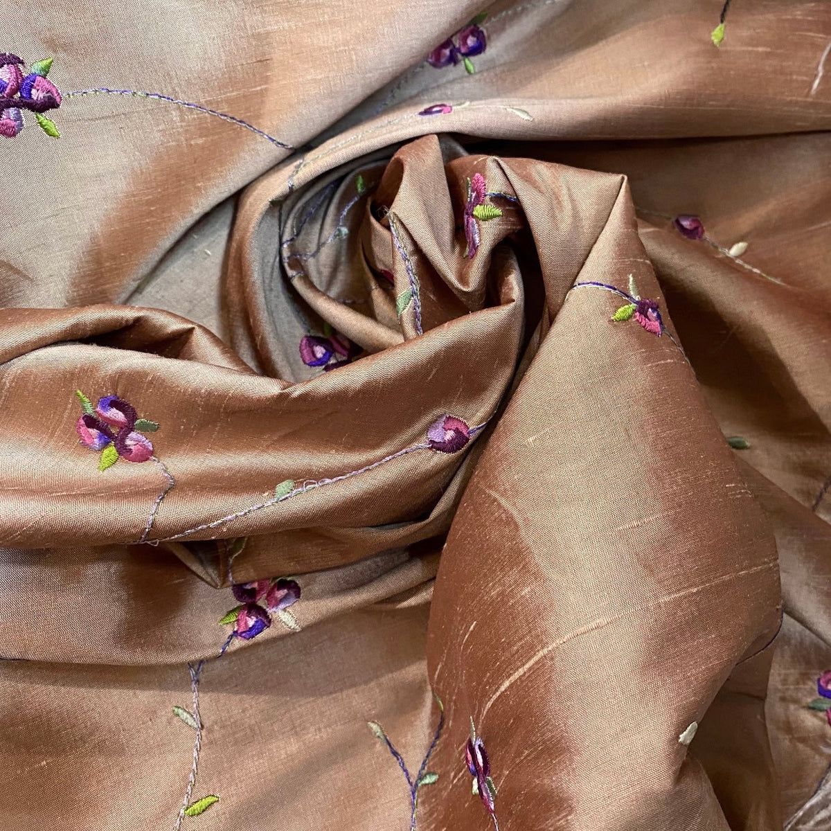 NEW Miss Jessica Designer 100% Silk Dupioni in Rose Gold with Floral Embroidery- SB_3_7 - Fancy Styles Fabric Pierre Frey Lee Jofa Brunschwig & Fils
