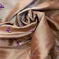 NEW Miss Jessica Designer 100% Silk Dupioni in Rose Gold with Floral Embroidery- SB_3_7 - Fancy Styles Fabric Pierre Frey Lee Jofa Brunschwig & Fils