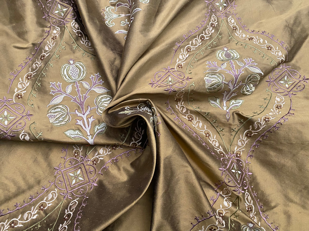 NEW! Queen Riviera Novelty 100% Silk Dupioni Embroidered Floral Fabric - Old Gold with Lavender Embroidery - Fancy Styles Fabric Pierre Frey Lee Jofa Brunschwig & Fils