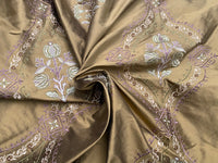 NEW! Queen Riviera Novelty 100% Silk Dupioni Embroidered Floral Fabric - Old Gold with Lavender Embroidery - Fancy Styles Fabric Pierre Frey Lee Jofa Brunschwig & Fils