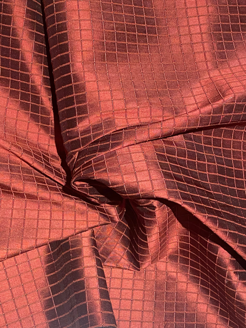 NEW Duchess Jenna 100% Silk Taffeta Fabric- Burnt Cranberry with Embroidered Squares- SB_6_3