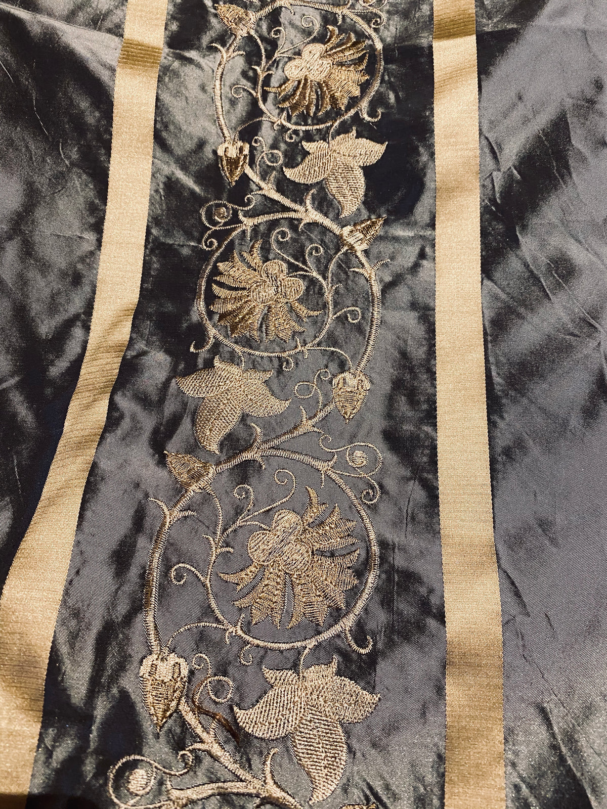 Duchess Jezebel 100% Silk Taffeta Embroidery Fabric - Dark Grey & Gold - Fancy Styles Fabric Pierre Frey Lee Jofa Brunschwig & Fils