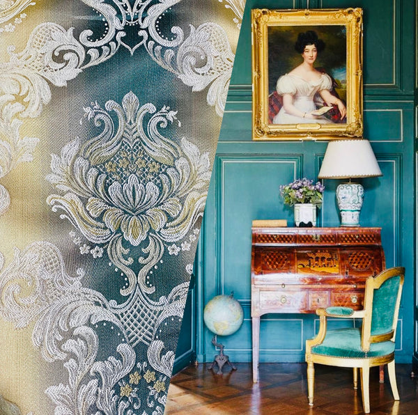 NEW King Louis XIV Novelty Neoclassical Brocade Medallion Floral Satin Fabric - Teal - Fancy Styles Fabric Pierre Frey Lee Jofa Brunschwig & Fils