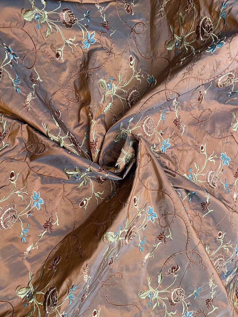 Fat Quarter: Queen Dragonia Novelty 100% Silk Dupioni Embroidered Floral Fabric - Copper Blue Iridescence