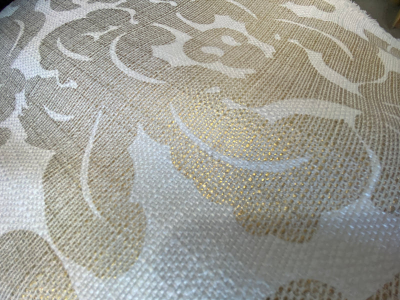 NEW Sir Jacques Metallic Linen Inspired Upholstery Damask Print Drapery Fabric- Gold White - Fancy Styles Fabric Pierre Frey Lee Jofa Brunschwig & Fils