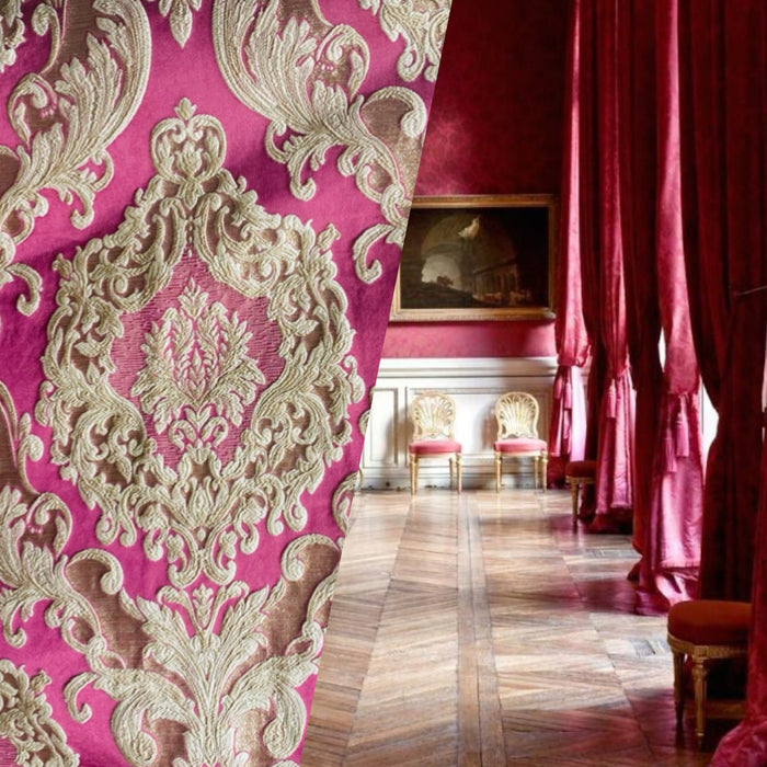 NEW Queen Marianna Novelty Ritz Neoclassical Brocade Satin Fabric - Magenta - Fancy Styles Fabric Pierre Frey Lee Jofa Brunschwig & Fils