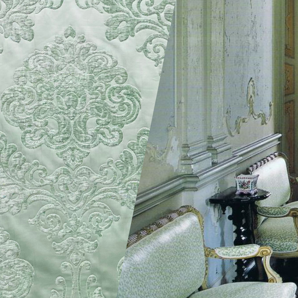 NEW King Julius Designer Brocade Satin Burnout Chenille Velvet Fabric - Mint - Fancy Styles Fabric Pierre Frey Lee Jofa Brunschwig & Fils