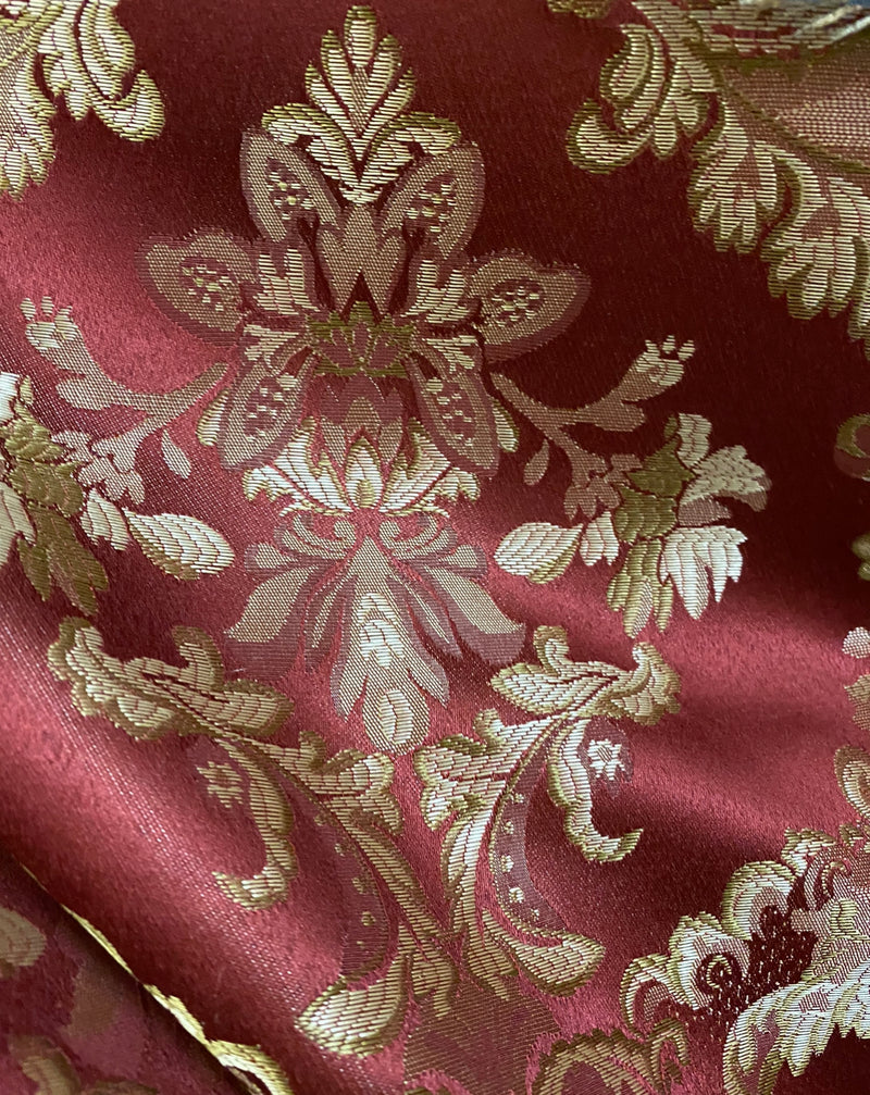 NEW Prince Lucas Designer Brocade Satin Damask Fabric- Red & Gold- Upholstery & Drapery - Fancy Styles Fabric Pierre Frey Lee Jofa Brunschwig & Fils