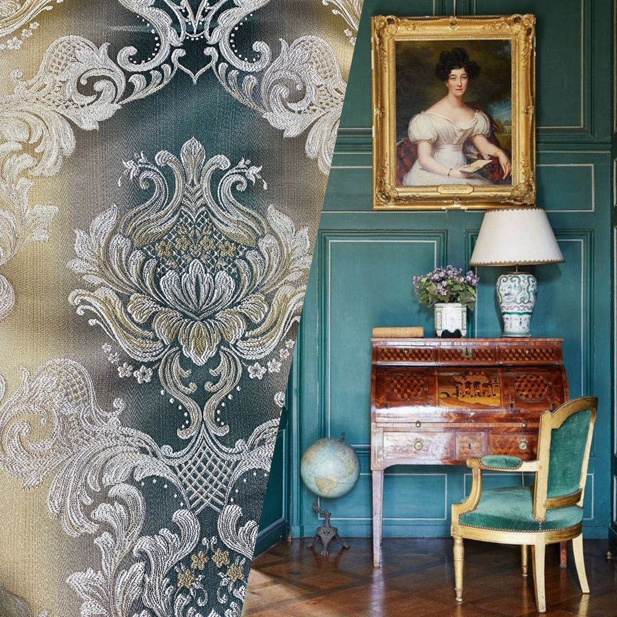 NEW King Louis XIV Novelty Neoclassical Brocade Medallion Floral Satin Fabric - Teal - Fancy Styles Fabric Pierre Frey Lee Jofa Brunschwig & Fils