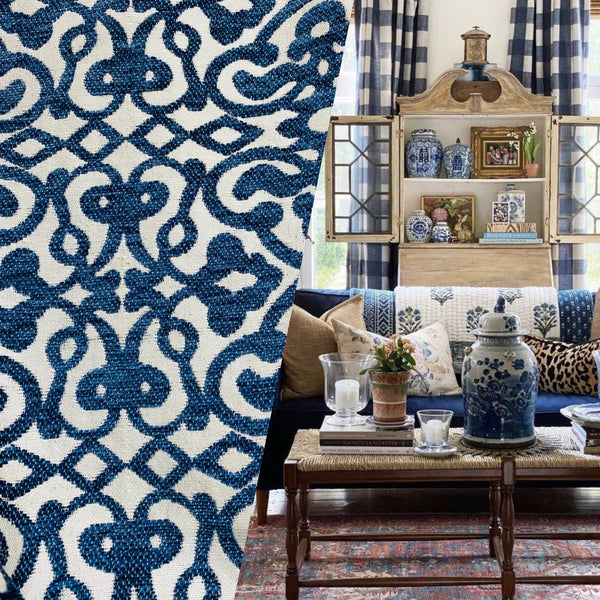 NEW! Duchess Eve Antique Inspired French Burnout Chenille Medallion Velvet Fabric- Blue - Fancy Styles Fabric Pierre Frey Lee Jofa Brunschwig & Fils