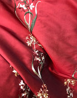 NEW Duchess Nicole Designer 100% Silk Dupioni Embroidered Floral Rows Fabric- Dark Red Iridescent - Fancy Styles Fabric Pierre Frey Lee Jofa Brunschwig & Fils