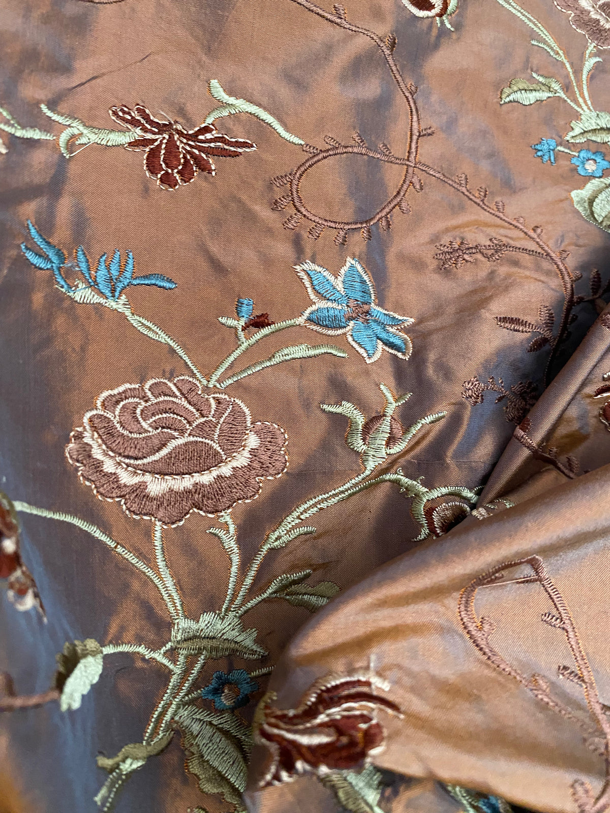 Fat Quarter: Queen Dragonia Novelty 100% Silk Dupioni Embroidered Floral Fabric - Copper Blue Iridescence - Fancy Styles Fabric Pierre Frey Lee Jofa Brunschwig & Fils