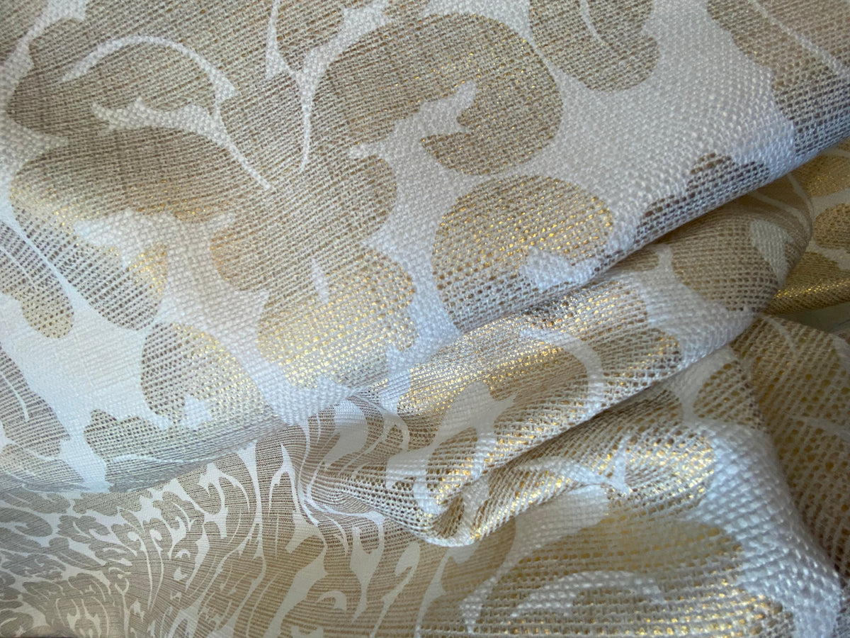 NEW Sir Jacques Metallic Linen Inspired Upholstery Damask Print Drapery Fabric- Gold White - Fancy Styles Fabric Pierre Frey Lee Jofa Brunschwig & Fils