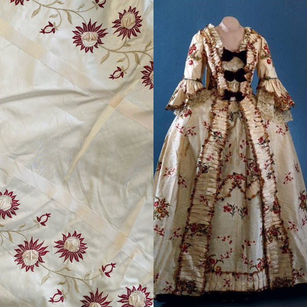 NEW Duchess Getty 100% Silk Taffeta Embroidered Scroll Stripe Floral Motif Cream White and Burgundy Red - Fancy Styles Fabric Pierre Frey Lee Jofa Brunschwig & Fils