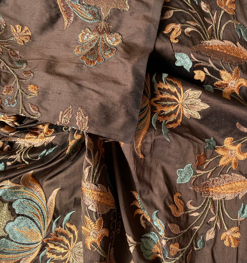 NEW! Lady Jacqueline Novelty 100% Silk Dupioni Embroidered Fabric - Made in India- Brown, Blue, Peach - Fancy Styles Fabric Pierre Frey Lee Jofa Brunschwig & Fils
