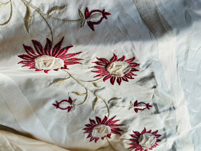 NEW Duchess Getty 100% Silk Taffeta Embroidered Scroll Stripe Floral Motif Cream White and Burgundy Red
