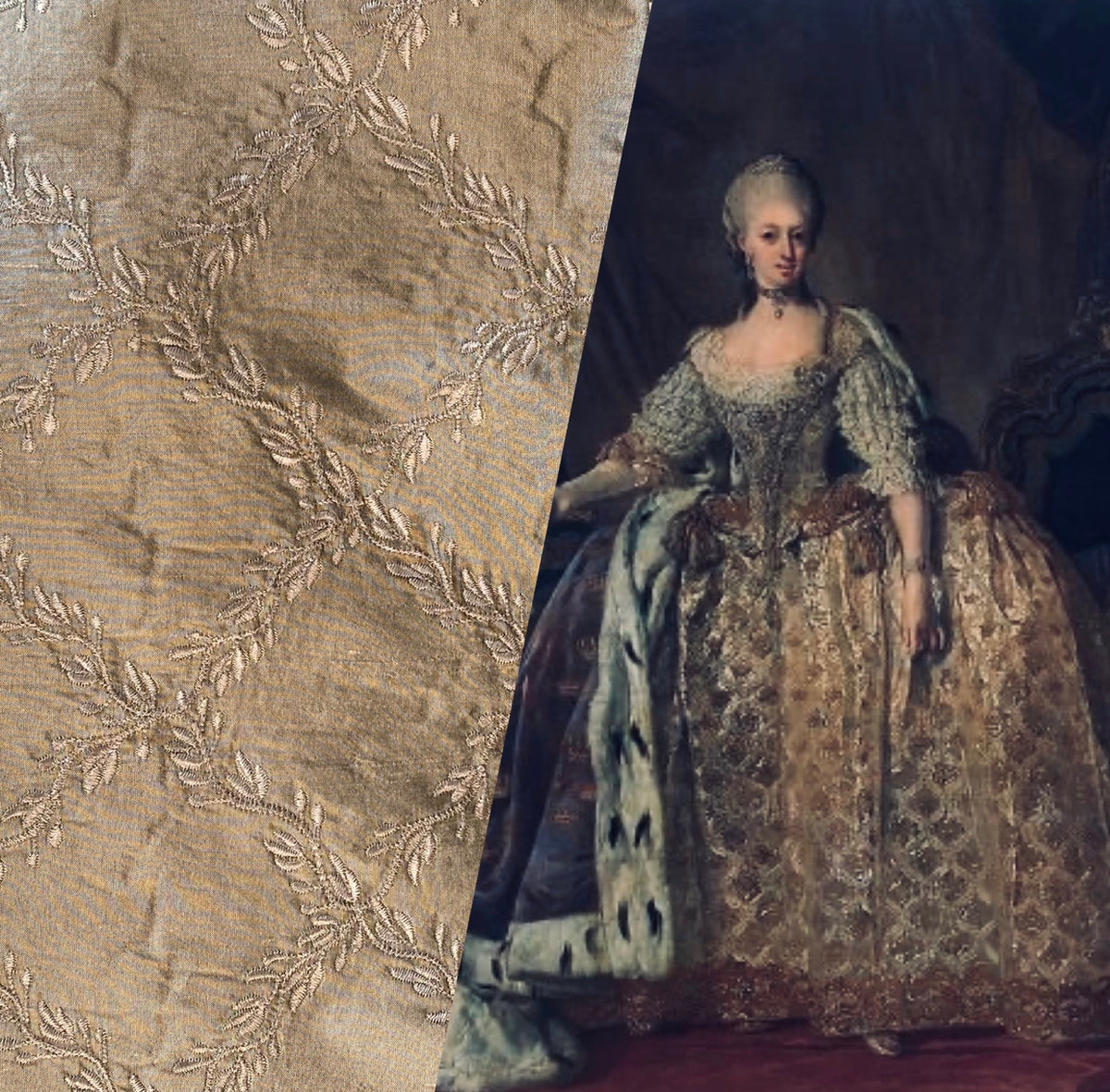 NEW Queen Delila 100% Silk Dupioni Fabric with Diamond Leaf Motif in Old Gold - Fancy Styles Fabric Pierre Frey Lee Jofa Brunschwig & Fils