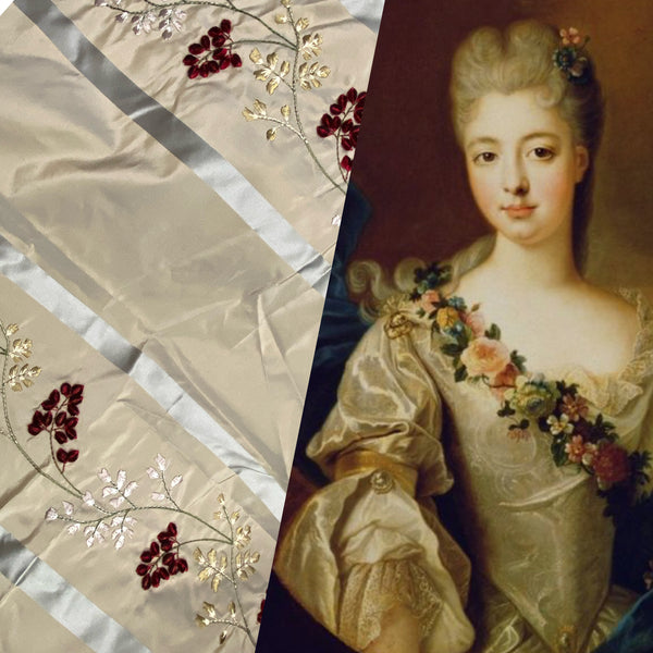 Lady Lana Designer 100% Silk Taffeta Embroidered Fabric- Grey Burgundy Stripe Floral - Fancy Styles Fabric Pierre Frey Lee Jofa Brunschwig & Fils