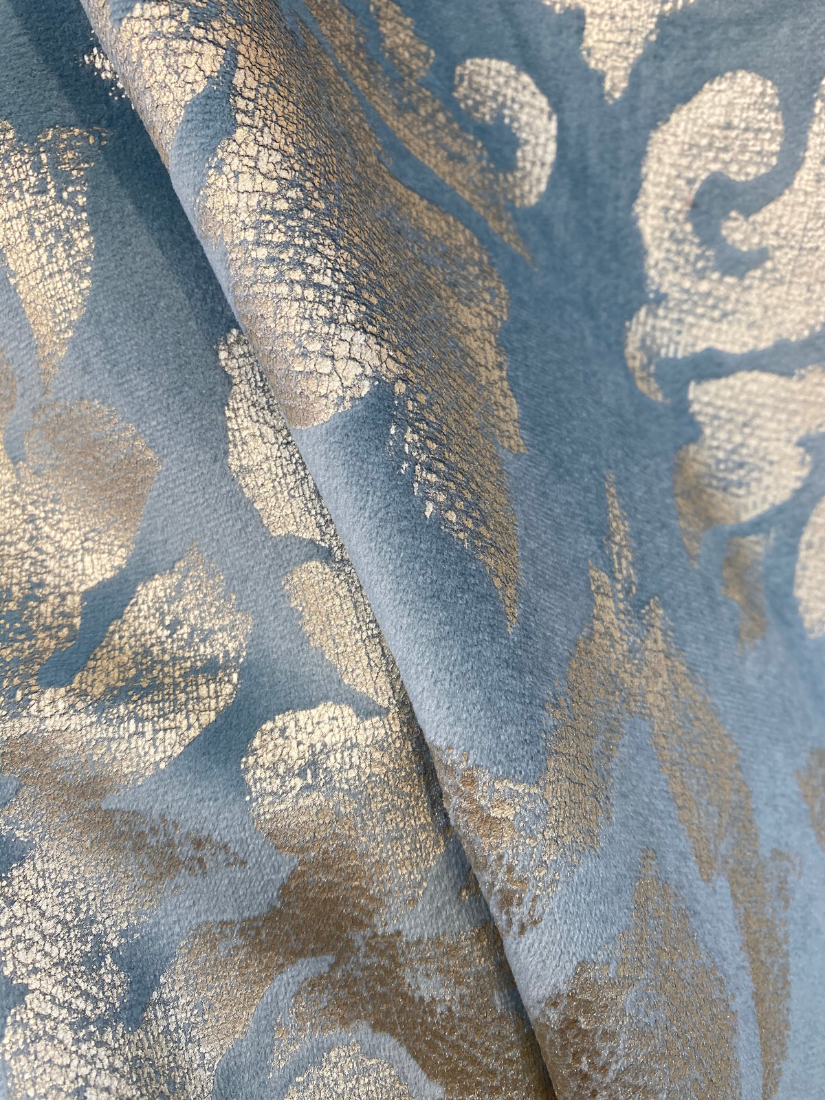 NEW! Lady Calentine Designer Burnout Antique Inspired Velvet Fabric Light Blue And Gold - Fancy Styles Fabric Pierre Frey Lee Jofa Brunschwig & Fils