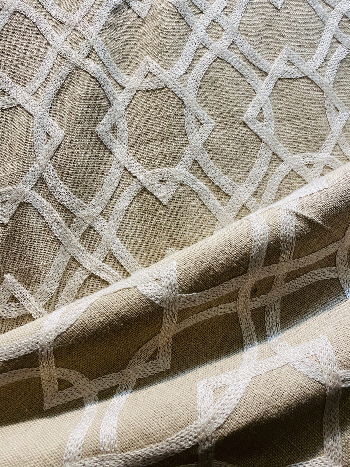 NEW! SALE! Prince Gregorian Novelty 100% Linen Fabric Geometric Embroidery- Natural and White - Fancy Styles Fabric Pierre Frey Lee Jofa Brunschwig & Fils