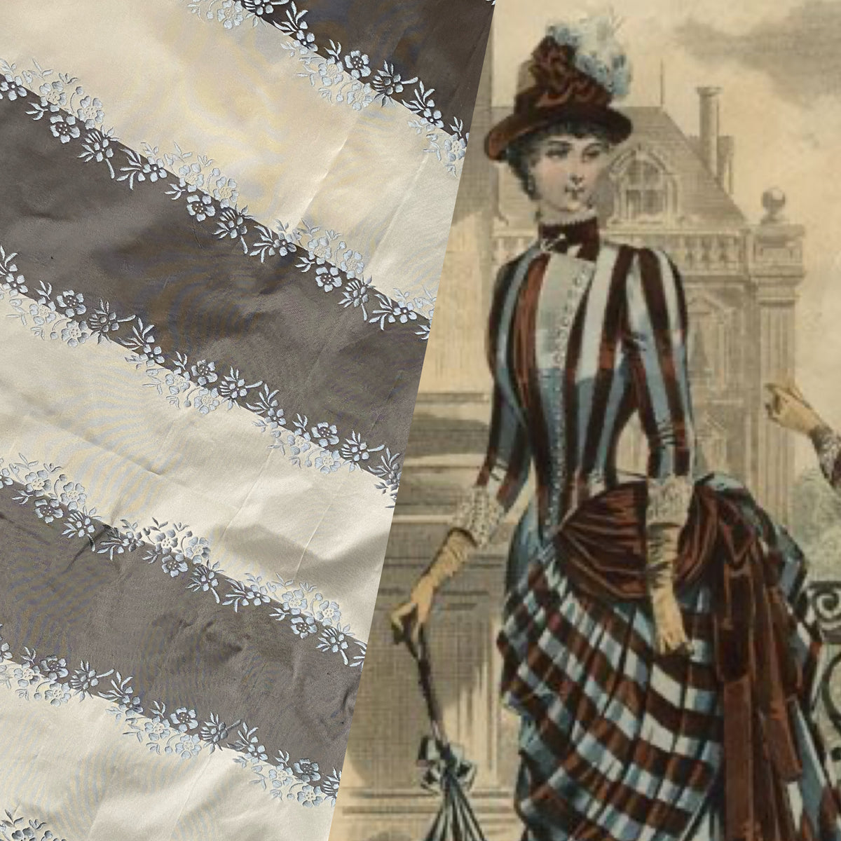 NEW Lady Kristen Designer 100% Silk Taffeta Embroidered Stripe Floral Fabric- Ice Blue & Warm Grey - Fancy Styles Fabric Pierre Frey Lee Jofa Brunschwig & Fils